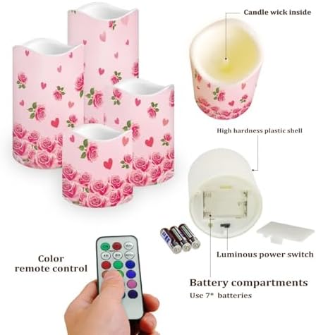Rose Pattern Flameless Pillar Candles Set of 4 Battery Operated Candles Valentines Day Decorations Led Candles Tea Light Fake Candles Wedding Home House Decor - Image 3