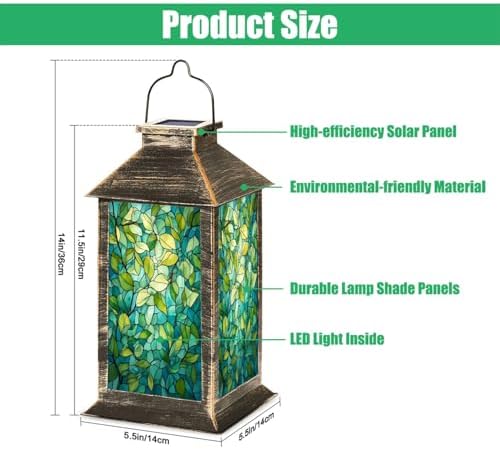 Solar Lantern Leaf Vine Stained Glass Teal Green Mosaic Style Outdoor Waterproof Hanging Solar Light Outside Lights for Patio Yard House Lawn Decor Birthday Gifts for Women Mom - Image 2