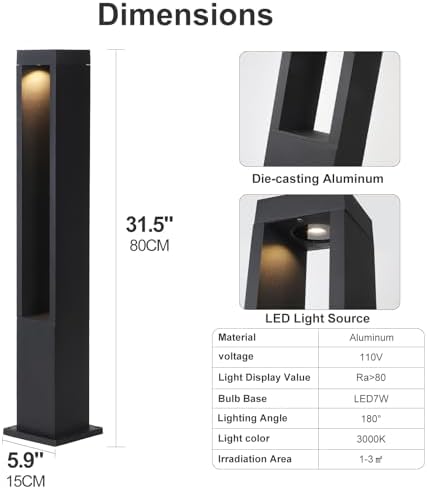 31.5 Inch Modern Landscape Path Light Outdoor LED Pathway Light IP54 Waterproof Bollard Lighting Fixture 3000K Black Square Aluminum Garden Lawn Lamp for Patio Porch Courtyard Driveway - Image 5