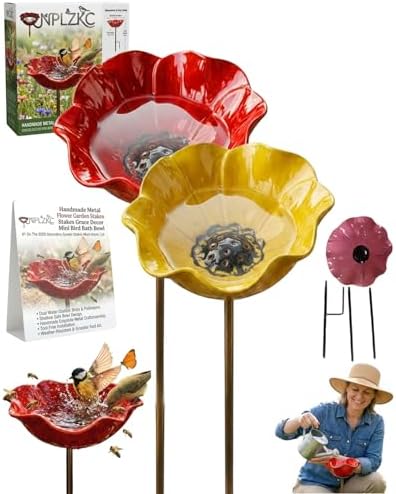 Handmade Metal Flower Garden Stakes Grace Decor Mini Bird Bath Bowl Supports for Outside Outdoors Pollinator Butterfly Bee Watering Station Birdbath Hummingbird Water Feeder Yard Art Gift(2MIXD) by Unknown