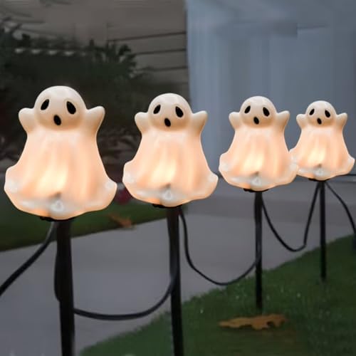 SUNSGNE Halloween Ghost Pathway Lights Outdoor, Set of 4 Ghost Halloween Stake Path Lights with C7 LED Bulbs for Outdoor Yard Walkway Garden Party Decoration by SUNSGNE