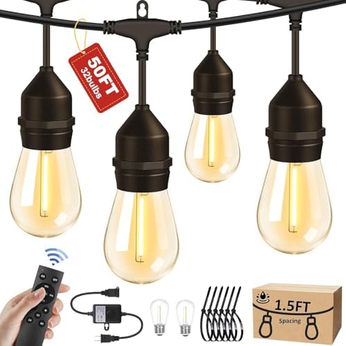 50FT Outdoor String Lights 32Bulbs (1.5FT Bulbs Spacing),120W Dimmer Remote by Porbench