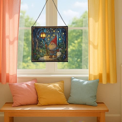 Starglow Gnome Trail Stained Glass Suncatcher – Square Hanging Window Panel for Home or Greenhouse – Whimsical Glass Art Gift for Garden Lovers, Christmas, Halloween, Father Days HMrBzf - Image 5