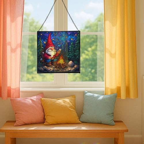 Camping Gnome Delight Stained Glass Suncatcher – Square Hanging Window Panel for Home or Greenhouse – Whimsical Glass Art Gift for Garden Lovers, Christmas, Halloween, Father Days vBfqWL - Image 5