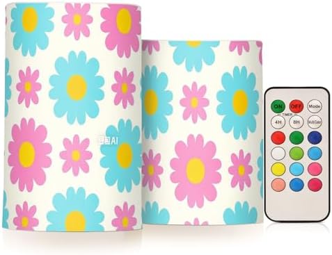 Lovely Daisy Floral Peach Blue Flameless Votive Candles with Remote Candles with Timer Waterproof Electronic Lights Flickering Led for Christmas Battery Operated Flickering 2-Piecing Set by Unknown