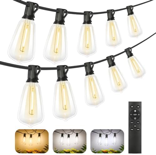 Brightever 3 Color in 1 LED Outdoor String Lights with Remote, 100FT Edison Hanging String Lights for Outside Dimmable, Outdoor Lighting for Patio Café Bistro with 52 ST38 LED Bulbs, 2700K/4000K/5000K by Brightever