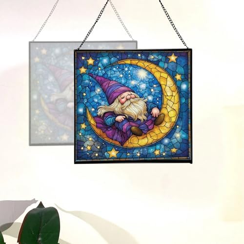 Crescent Moon Gnome Stained Glass Suncatcher – Square Hanging Window Panel for Home or Greenhouse – Whimsical Glass Art Gift for Garden Lovers, Christmas, Halloween, Father Days P5Mysc - Image 4