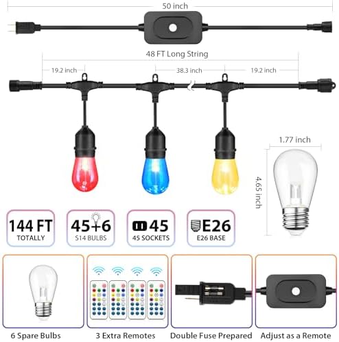 Mlambert Multicolor 144FT(3x48FT) LED Patio String Light with Remote, Black - Image 2