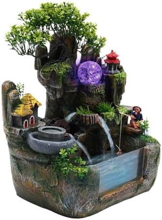 Tabletop Fountain, Waterfall Fountain with Led Light, Zen Indoor Desktop Ornament, Resin Rockery Waterfall for Indoor Outdoor Home Office Decor by Tiardocge