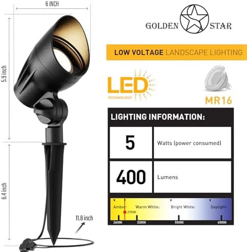 GOLDEN STAR Low Voltage Landscape Lights - 5W 400LM High-Intensity Spotlights, 12V AC Cast Aluminum Flood Lights, 2700K Warm White, Replaceable MR16 LED Bulb, with Corrosion-Proof Stakes - Image 2