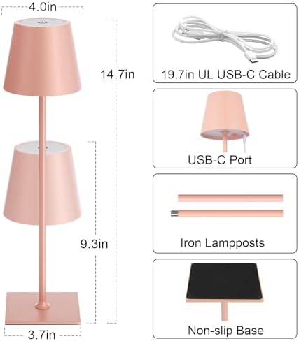 Kakanuo Pink Cordless Rechargeable Table Lamp 5000mAh Battery Operated Lamps, 3 Colors Stepless Dimming Touch Lamp for Living Room, Kitchen Counter, Dining, Outdoor Patio, 2 Pack - Image 5