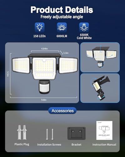 6000LM Solar Lights Outdoor, 4 Heads Motion Sensor Outdoor Lights, Solar Flood Lights for Yard House Outside Garage, IP65 Waterproof, 3 Modes, Easy Install, 3 Pack - Image 3