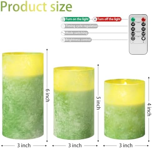 Flameless Candles Set of 3 Green LED Pillar Candles with Remote Timer - Image 2