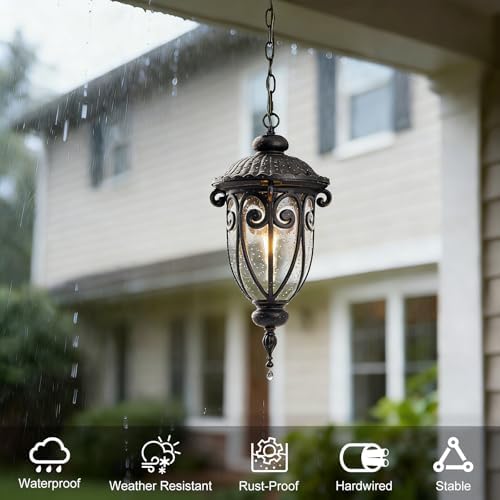 Vintage Bronze Outdoor Pendant Lights for Porch, 20 1/2" High Exterior Hanging Light Fixture with Adjustable Chain, Outside Ceiling Lantern with Seeded Glass for Patio, Entryway - Image 3
