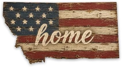 Montana "Home" State Shape Sign — Vintage American Flag Wall Decor — UV-Printed Aluminum (Not Real Wood) — Patriotic State Pride Art for Indoors & Outdoors — Made in USA by MRC+Wood+Products