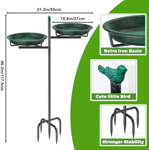 Metal Bird Bath for Outside, Vintage Freestanding Birdbaths Feeder Bowl, Stable & Easy to Clean Birdfeeder for Outdoors Garden Yard Lawn Decor (Retro Green) - Image 2
