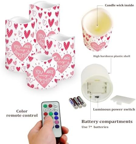 Pink Heart Pattern Flameless Candle with Remote Control Electric LED Pillar Candle Timer Color Changing Long Lasting Pack of 4 Battery Candles Valentine's Day Decoration - Image 3