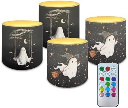 Halloween Day Flameless Candles Battery Powered LED Pillar Candle Tealight with Remote Timer Color Changing Control for Indoor Outdoor Home Decor Set of 4, Ghost by WelcometoLuarisgur