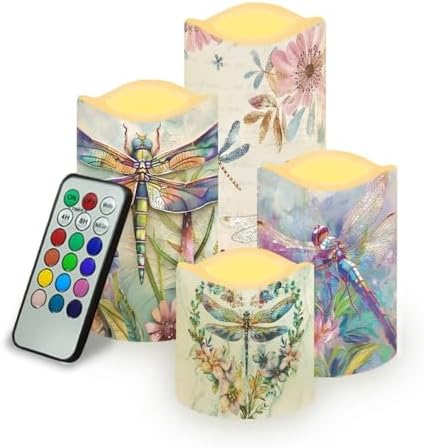 Dragonfly Pattern Flickering Flameless Candles Pillar LED Candles with Remote and Timer Set of 4 Color Changing Battery Operated Candles for Home Birthday Decoration by Uorisanigo