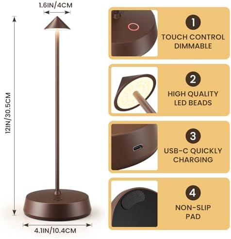 Cordless Table Lamps Rechargeable, 6000mAh LED Battery Operated Desk Lamp, Portable Outdoor Waterproof Touch Stepless Dimmable Wireless Table Light for Dining Restaurant Home Patio (Brown-2PC) - Image 6