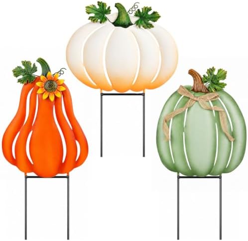 Fall Outdoor Decor Metal Pumpkin Yard Stakes - Large Outdoor Pumpkin Decor with Sunflower, Leaves & Bow, Tall Fall Yard Decor for Porch Garden Lawn Autumn Thanksgiving Decorations Set of 3 by Unknown