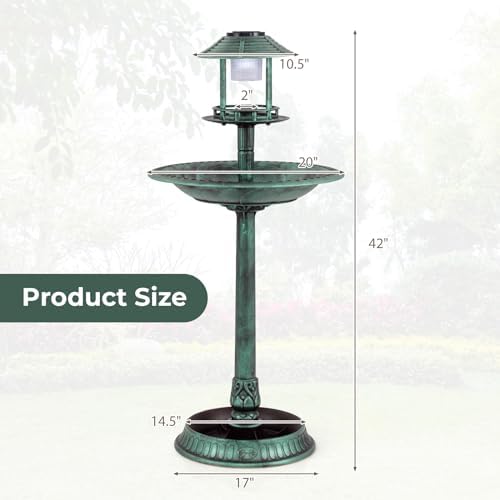 GIANTEX 42 inch Bird Bath Solar Lighted, Pedestal Bird Bath with Bird Feeder, Flower Planter Base, Solar Powered Lamp, 3 Ground Stakes, Standing Birdbath for Outside Garden Yard Outdoor (Green) - Image 7