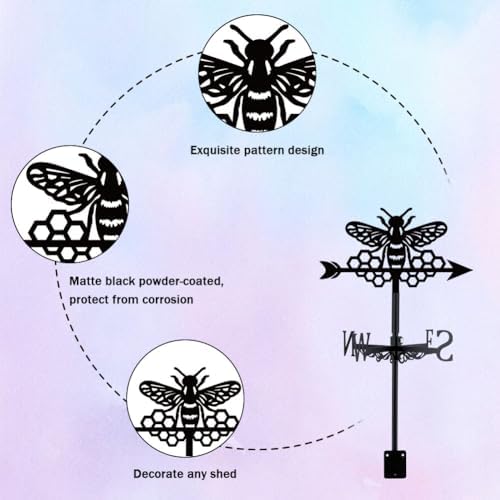 Bee Weathervane Metal Wind Vane Honeycomb Hive Garden Decoration Direction Sign Indicator Stake Mount Ornament for Farmhouse Yard Roof Outdoor - Image 3