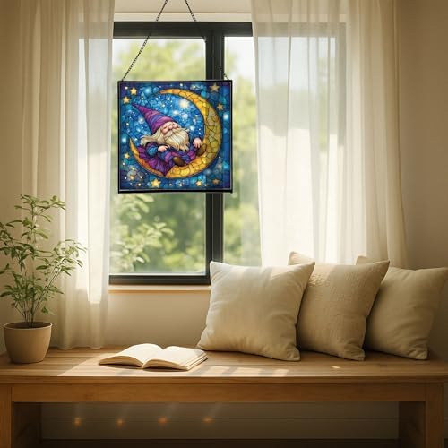 Crescent Moon Gnome Stained Glass Suncatcher – Square Hanging Window Panel for Home or Greenhouse – Whimsical Glass Art Gift for Garden Lovers, Christmas, Halloween, Father Days P5Mysc - Image 7