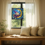 Crescent Moon Gnome Stained Glass Suncatcher – Square Hanging Window Panel for Home or Greenhouse – Whimsical Glass Art Gift for Garden Lovers, Christmas, Halloween, Father Days P5Mysc - Image 7