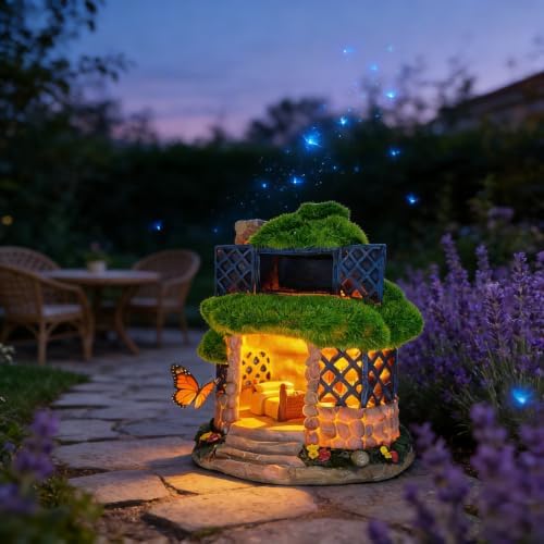 COWOS Solar Powered Fairy House Garden Statue, Resin Miniature Moss Stone Cottage with LED Lights, Outdoor Fairy Garden Figurine Ornament for Patio Yard Lawn Flower Bed Decor, Gift for Garden Lovers - Image 4
