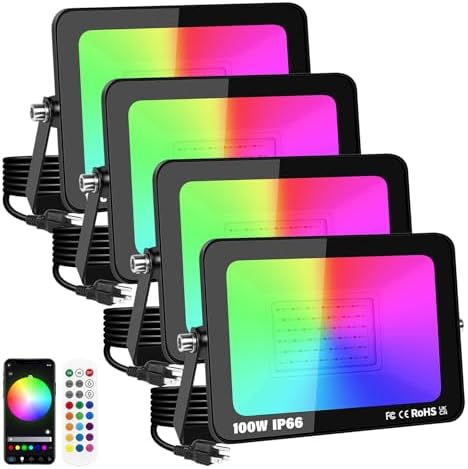 RIGIDON 4 Pack 100W Smart RGB LED Floodlight Outdoor with Plug, APP Control by RIGIDON