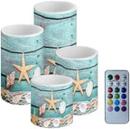 Flameless Light Candles Battery Operated Candles with Color Changing Timer Remote Control Fake Pillar Candle Tealights Home Indoor Beach Coastal Decoration, Starfish Shell Wood Grain - Image 2