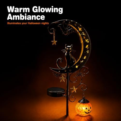 Halloween Solar Garden Stake Light Crescent Moon Black Cat - Image 3