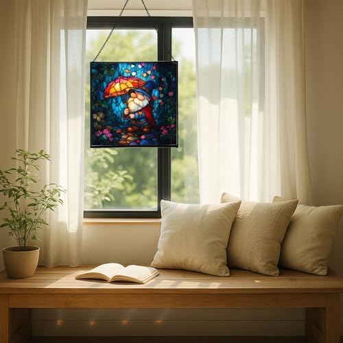 Gnome and Umbrella Petal Shower Stained Glass Suncatcher – Square Hanging Window Panel for Home or Greenhouse – Whimsical Glass Art Gift for Garden Lovers, Christmas, Halloween, Father Days ehmBik - Image 7