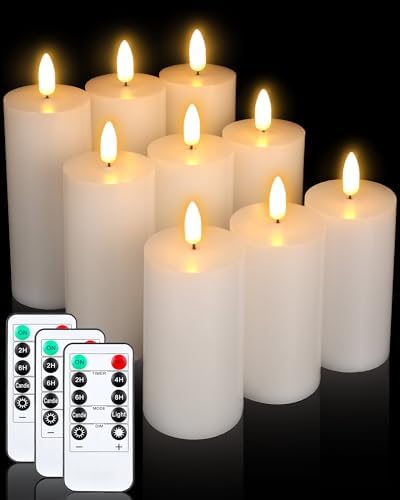 VIHOSE 9 Pack White Flameless Candles Set with Remote and Timer Flickering Flameless Battery Candles Flat Top LED Pillar for Wedding Outdoor Home Festival Decoration(D 3'' H 5'' 6'' 7'') by VIHOSE