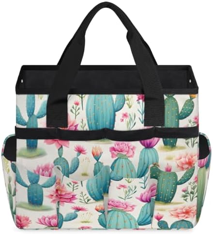 Cactus Garden Tool Bag Organizer Heavy Duty Watercolor Cacti Flower Gardening Tote Bag with 10 Pockets for Women Men Gardening Gifts - Image 2