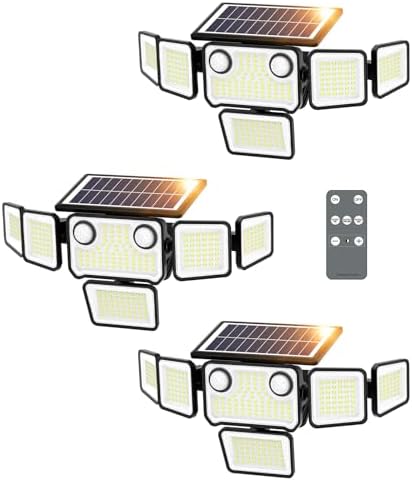 6000LM Solar Lights Outdoor Waterproof, 6 Heads Solar Flood Lights Outdoor with 2 Motion Sensor, 310 LED Motion Light with Remote Control for Yard Outside House Patio 3 Pack by SZPOWER