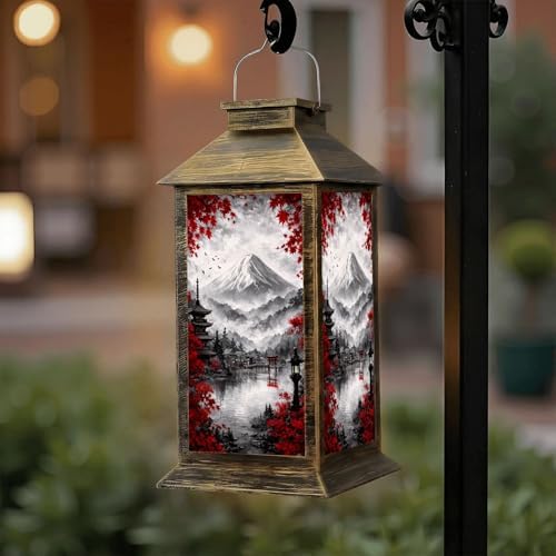 Solar Lantern Outdoor Waterproof Black White Pop Red Japanese Temple Autumn Fall Landscape Mount Maple Garden Decor LED Solar Lights Hanging/Tabletop Lamp Gifts for Women Mom for Outside Yard Patio by DERUINVAIO