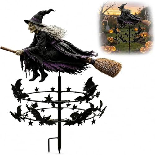 The Enchanted Witch Garden Wind Spinner, Metal Halloween Yard Art, Outdoor Garden Stake Decoration, Halloween Decorations Outdoor with Flying Witch Kinetic Bat Ring, for Garden Patio Pathway (1PCS) by Unknown