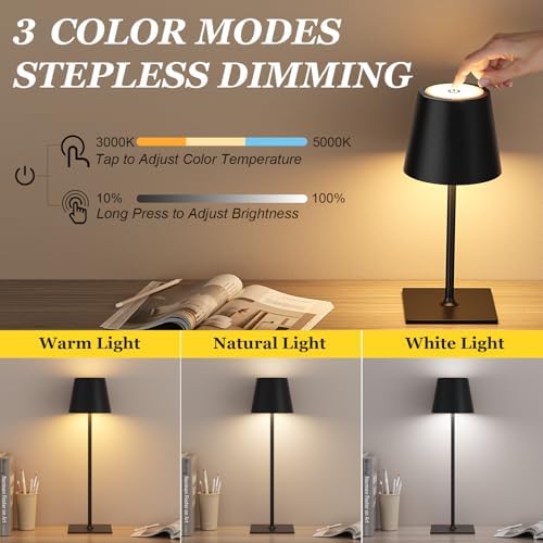 Kakanuo Cordless Rechargeable Table Lamp Black 5000mAh Battery Operated Lamps, 3 Colors Stepless Dimming Touch Lamp for Living Room, Kitchen Counter, Dining, Outdoor Patio, 2 Pack - Image 2