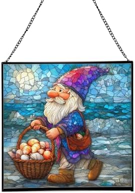 Shell Collector Gnome Stained Glass Suncatcher – Square Hanging Window Panel for Home or Greenhouse – Whimsical Glass Art Gift for Garden Lovers, Christmas, Halloween, Father Days dc1aKu by Custom