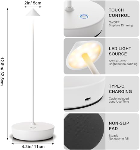 2Pack Rechargeable Cordless Table Lamp, Portable Powered LED Battery 6000mAh Metal USB Desk Lamp, 3 Levels Brightness Light for Restaurants Outdoor (2pack White) - Image 6