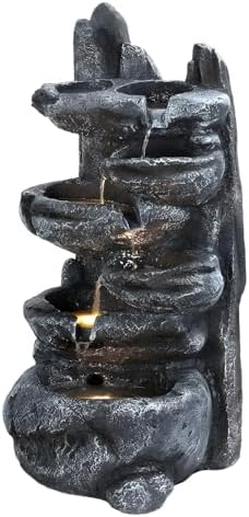 5-Tier Cascading Rock Outdoor Waterfall Fountain, Garden Fountains with LED Lights, Weather-Resistant Resin, Soothing Water Flow, Waterfall Fountain for Patio, Backyard, Indoor/Outdoor Decor Black2 by Unknown