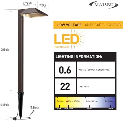 Malibu Low Voltage Landscape Lighting 0.6W LED Pathway Lights Outdoor Landscape Path Lights Wired with Connectors 22 Lumen Warm White Walkway Lights for Garden Yard Lawn 8Pack - Image 2