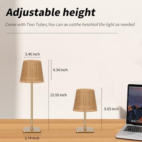 Mr.White Set of 2 Waterproof Outdoor Rechargeable Cordless Table Lamp with Wicker Shade, for Patio Restaurant Kitchen (Gold) - Image 3