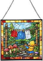 Gnome Hanging Laundry Stained Glass Suncatcher – Square Hanging Window Panel for Home, Garden, Nursery, Halloween, Christmas, Memorial Day – Whimsical Glass Art Gift for Gnome Lovers 01e3a4 by Custom