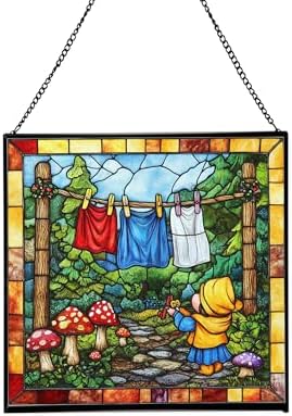 Gnome Hanging Laundry Stained Glass Suncatcher – Square Hanging Window Panel for Home, Garden, Nursery, Halloween, Christmas, Memorial Day – Whimsical Glass Art Gift for Gnome Lovers 01e3a4 by Custom