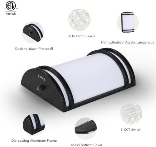 10in Dusk to Dawn Front Porch Light 15W 1200lm(75W Eqv.) 120V, 3000K/4000K/5000K Adjustable IP65 Modern Half-Cylinder Outdoor Wall Sconce Light for Exterior Hallway Corridor, ETL Listed(Black) - Image 5