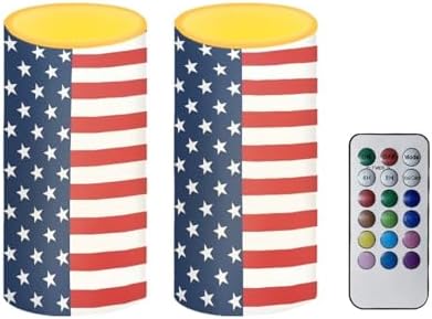 Set of 2 Modern American Flag Flameless Candles with Remote Outdoor Battery Operated Candles with Timer Flickering LED Pillar Lights for 4th of July USA Patriotic Decoration by Merkmak