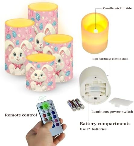 Set of 4 Easter Eggs Flameless Candles with Remote Cartoon Bunny Outdoor Battery Operated Candles with Timer Flickering LED Elictric Pillar Lights for Indoor Outdoor Holiday Decor - Image 2